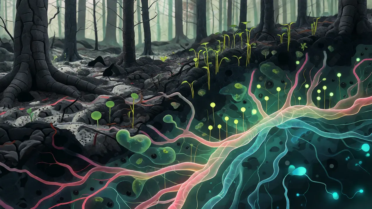 Abstract forest floor showing regrowth and healing of the gut microbiome after antibiotics.