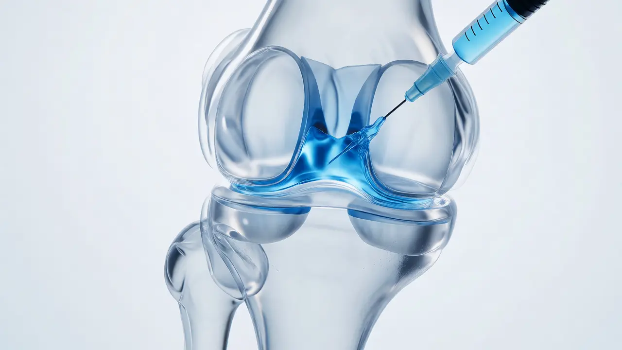 Anatomický model kolene s jehlou injektující průsvitný gel do kloubní dutiny.