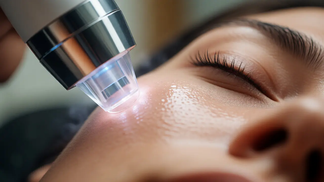 Detailní záběr na přístrojové ošetření obličeje pro hydrataci a lifting.