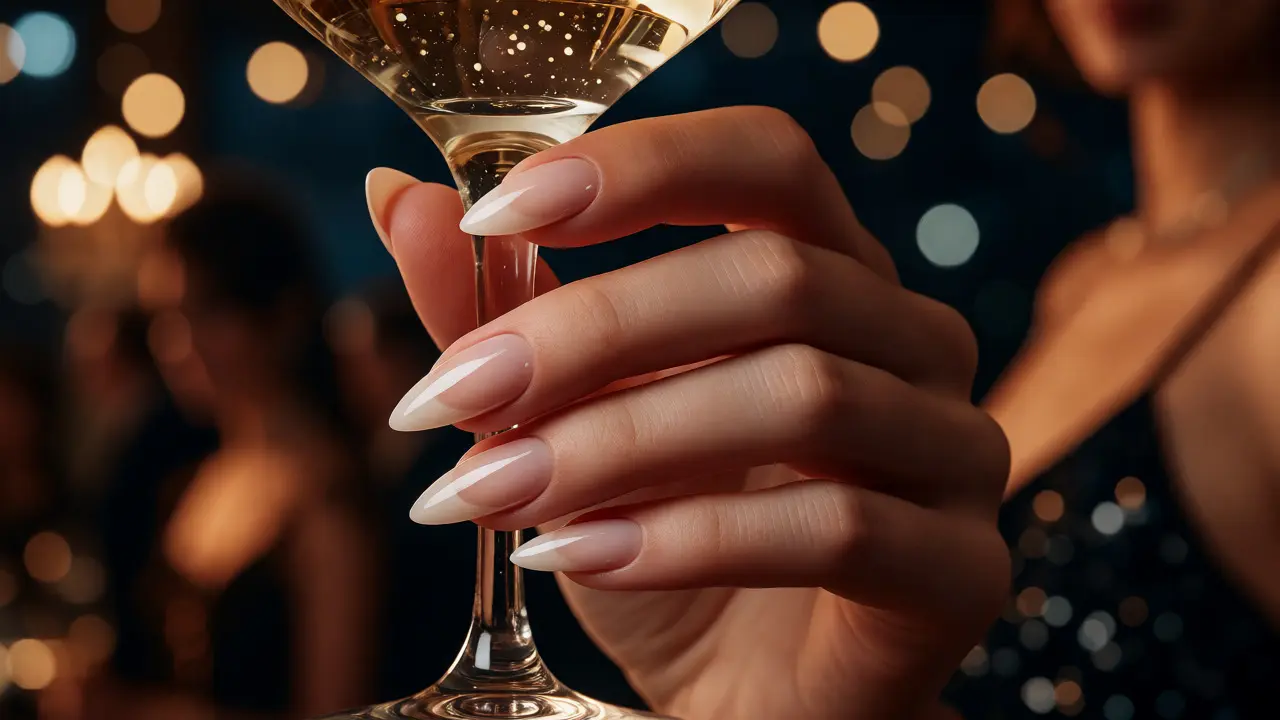 Elegantní ruka s hotovými gelovými nehty držící sklenici šampaňského na večírku
