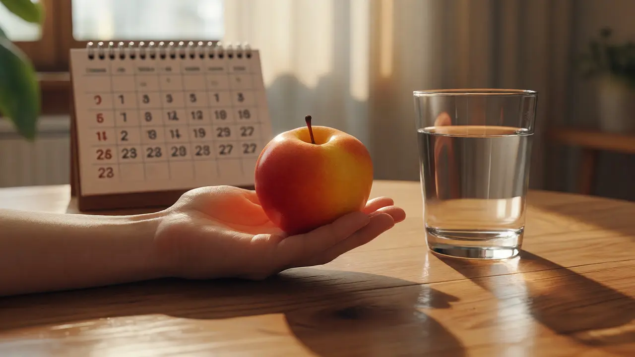 Hand holding fresh fruit beside empty water glass indicating successful gut health recovery.
