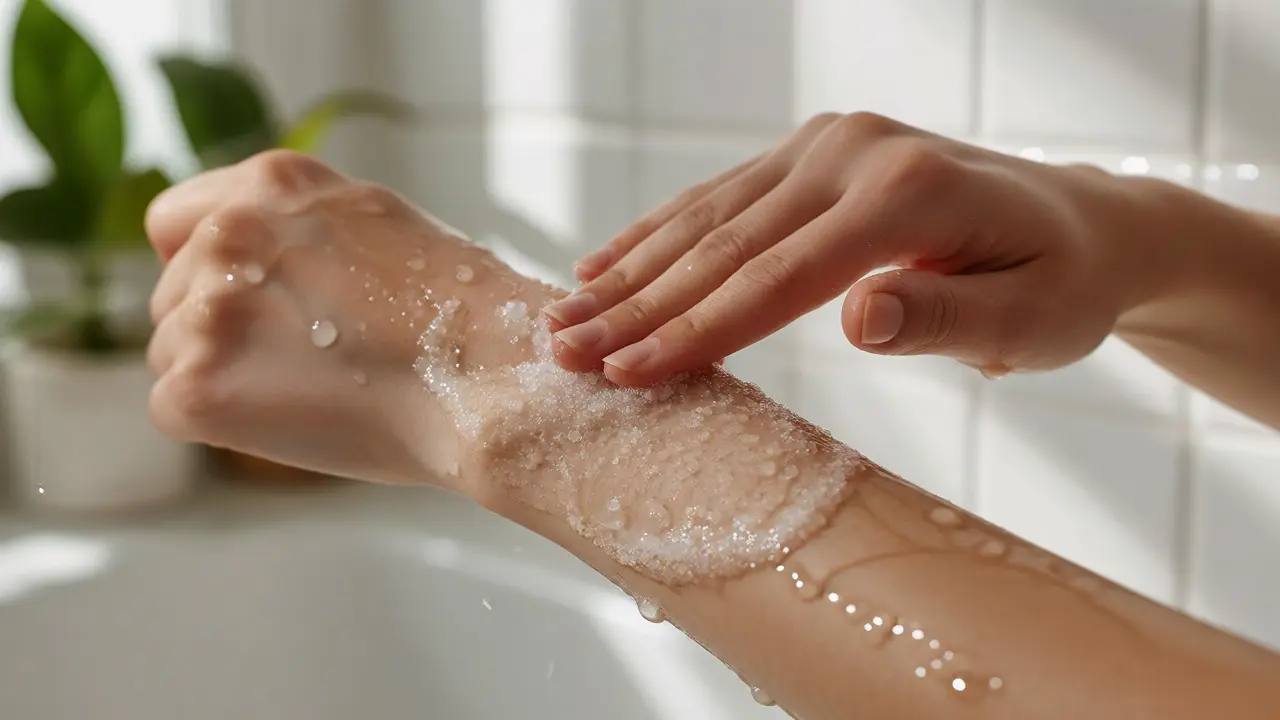 Jemná aplikace jemného cukru na navlhčenou předloktí během sprchy