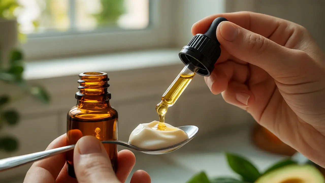 Kapátko s vitaminem D3 nad lžičkou s tukovou složkou