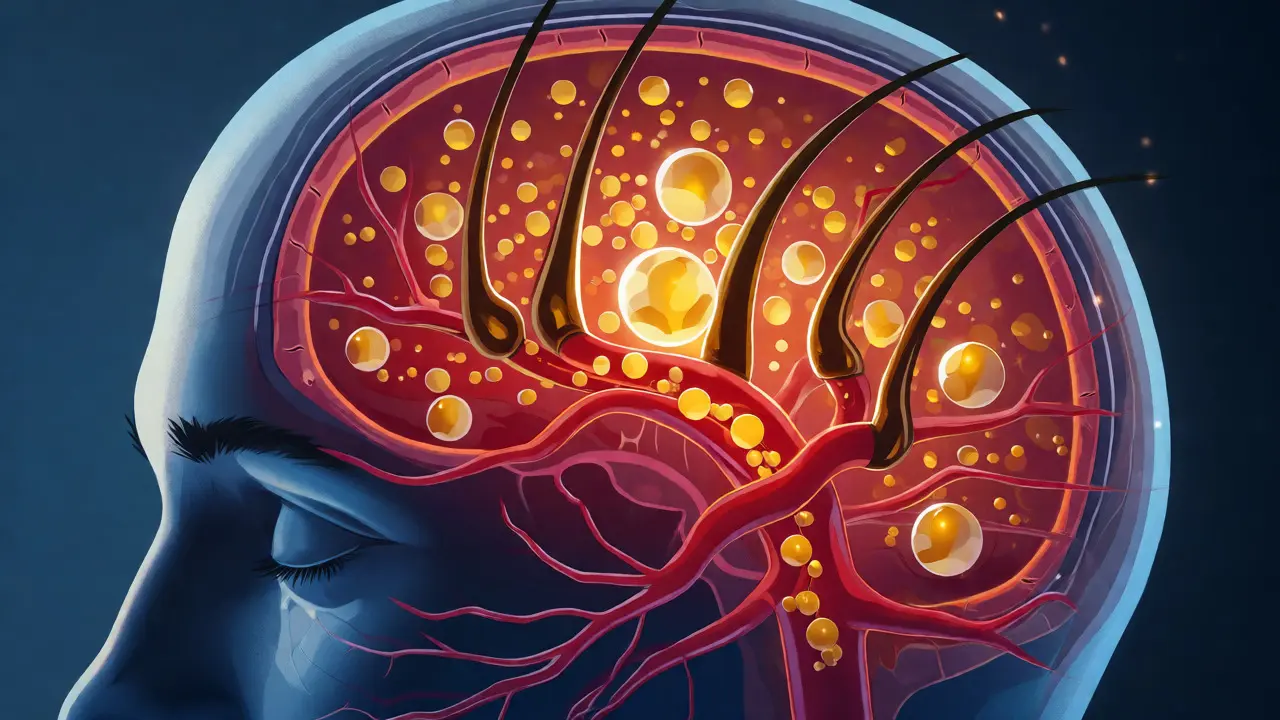 Konceptuální ilustrace přenosu vitamínů krví do kořínků vlasů.