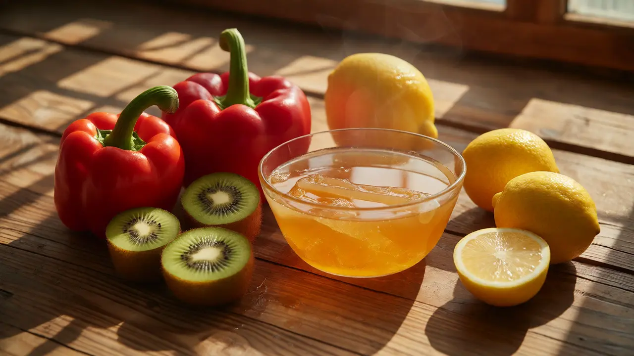 Kostní vývar a čerstvé ovoce bohaté na vitamín C na dřevěném stole