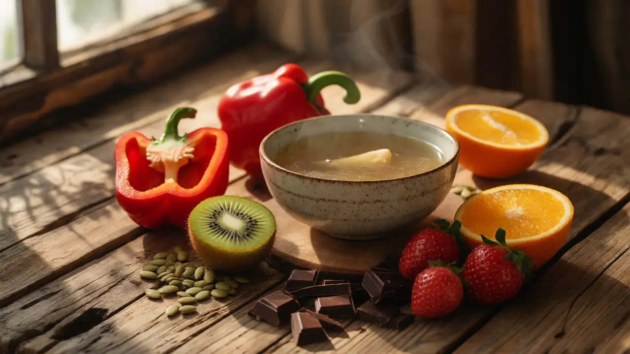 Kostní vývar a potraviny bohaté na vitamin C pro tvorbu kolagenu