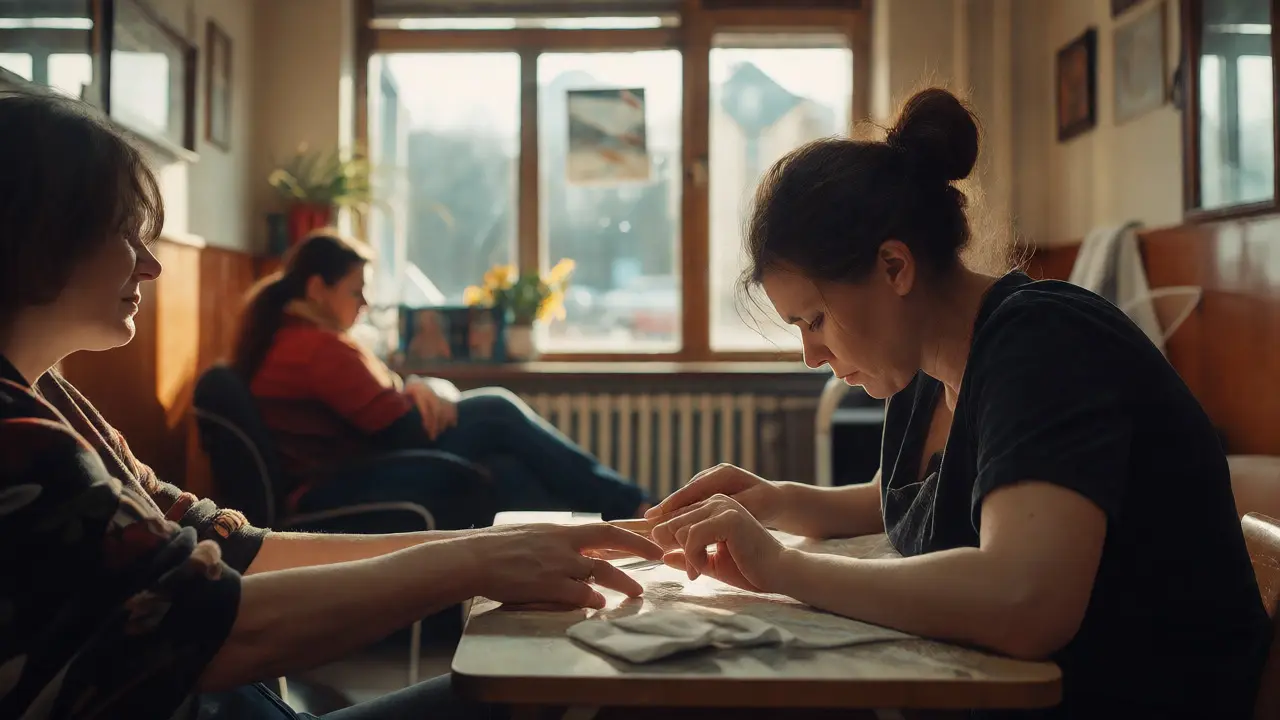 Manikérka pečlivě upravuje nehty klientky v jednoduchém rodinném salonu v Brně.