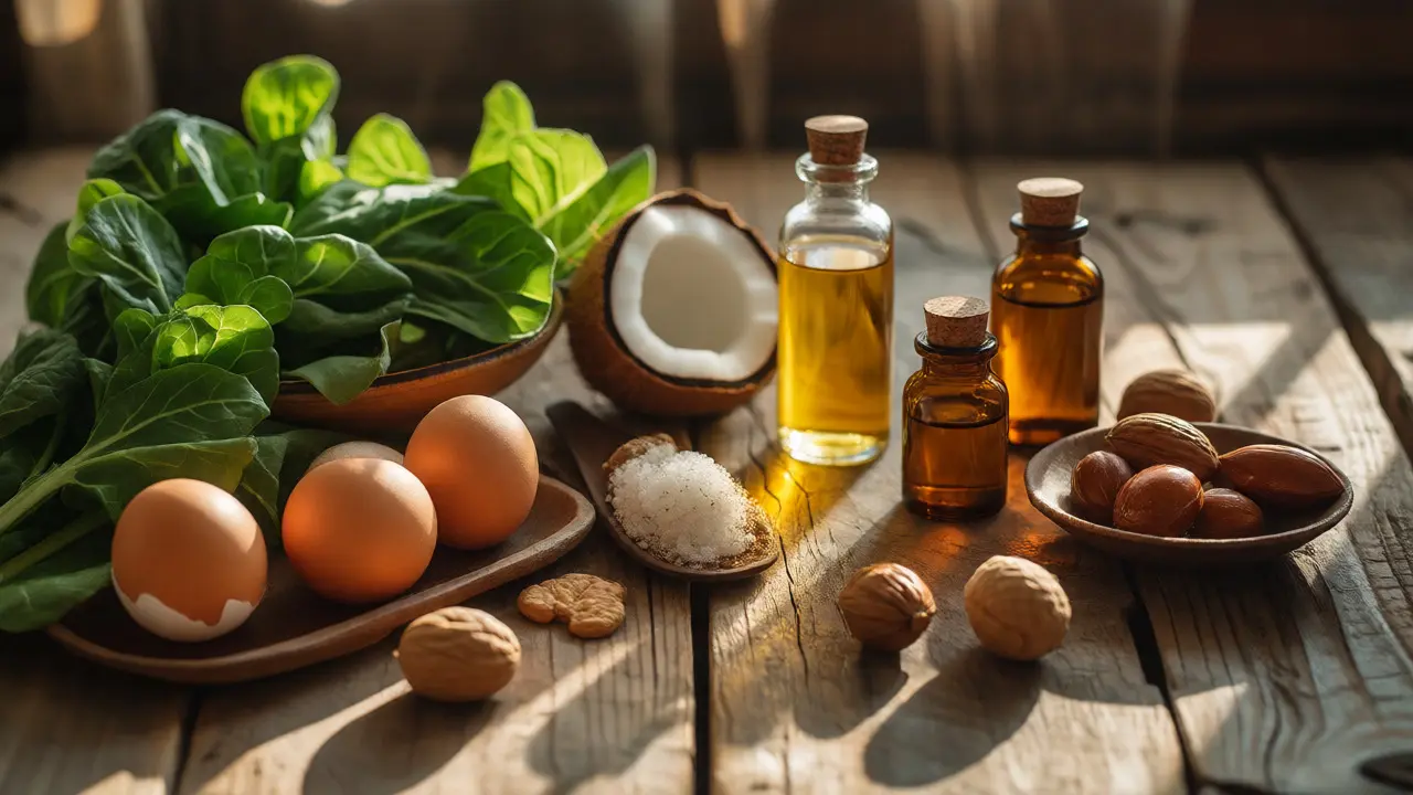 Přírodní ingredience pro péči o vlasy na dřevěném stole