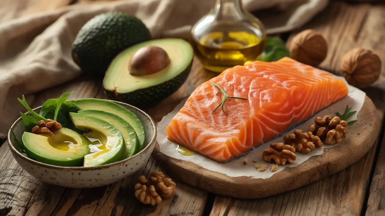 Teller s lososem, avokádem a ořechy bohatými na vitamín D